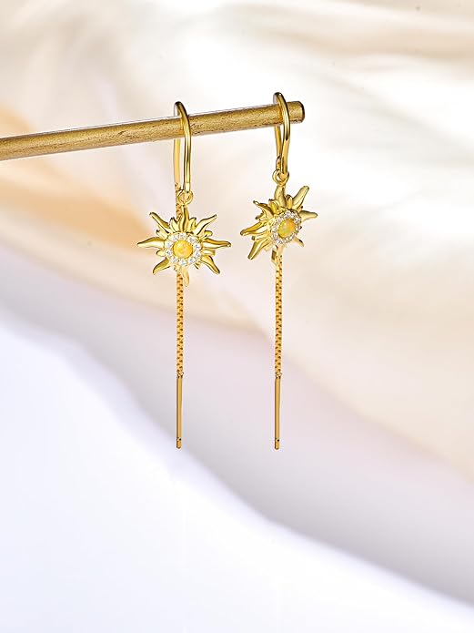 TANGPOET Sun Moon Star Threader Earrings for Women 925 Sterling Silver Synthetic Opal Long Chain Thread Earrings Hypoallergenic Celestial Jewelry Gifts for Birthday Mother's Day Christmas