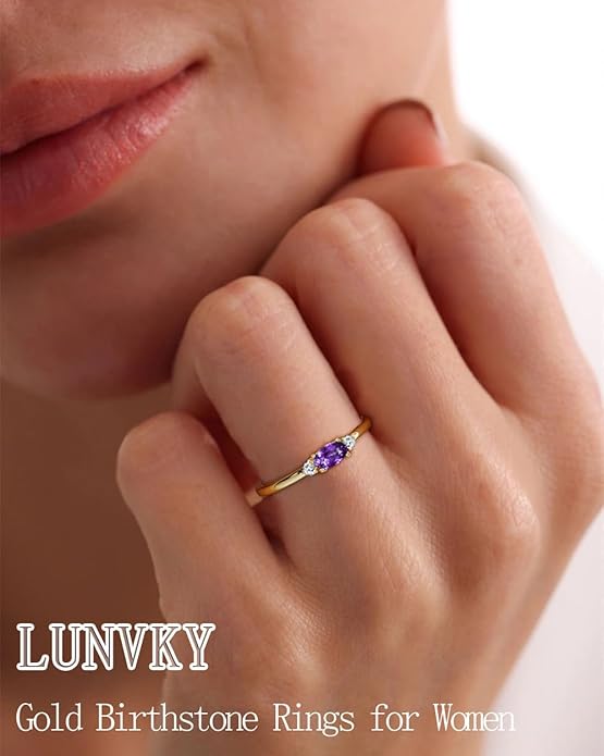 Lunvky 14k Gold Plated Birthstone Rings for Women Teen Dainty Stackable Pinky Rings Non Tarnish CZ Emerald Green Gemstone Thumb Finger Band Ring Cute Jewelry Birthday Gift Size 6-11