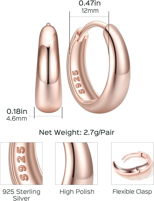 ChicSilver Solid 925 Sterling Silver Chunky Hoop Earrings for Women, Silver Small Thick Huggie Earrings Hypoallergenic Lightweight Silver Hoop Earrings for Sensitive Ears (8/10/12/14mm)
