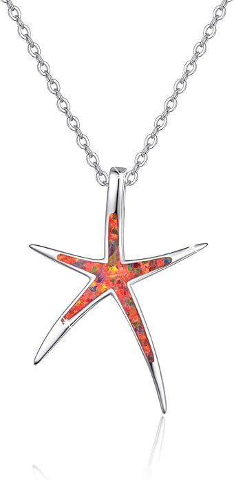 Cuoka Starfish Necklace, 925 Sterling Silver with Opal, Hawaiian Beach Nautical Ocean Pendant, Starfish Jewelry Opal Jewelry Valentine for Women Girlfriend