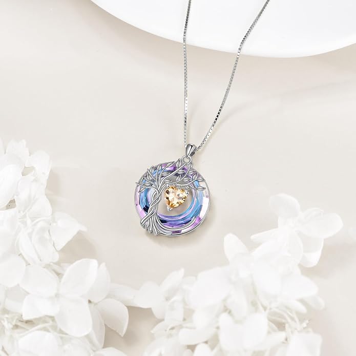 POPLYKE Mothers Day Gifts for Mom Her Wife Tree of Life Necklace 925 Sterling Silver Birthstone Pendant with Crystal Anniversary Birthday Wedding Jewelry for Women