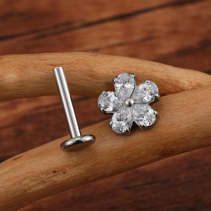 FINE4U 1PC ASTM F136 Titanium 16G Flatback Stud for Tragus, Helix, Conch 6mm 8mm - Screw on Cartilage Earring Piercing Jewelry