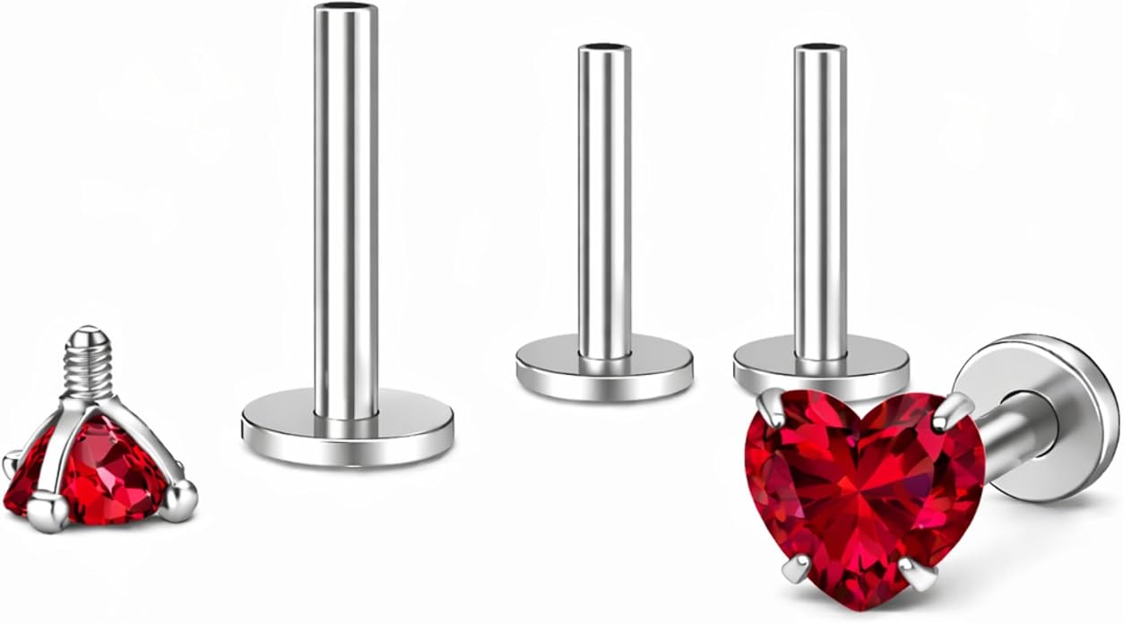 Titanium Heart CZ Labret Stud Earrings for Piercings by Ginger Lyne 6Pc Set G23 Screw Front Flat Back Body Jewelry 2 pair post 6mm, 8mm Cartilage, Helix, Tragus, Lip, Conch, Lobe