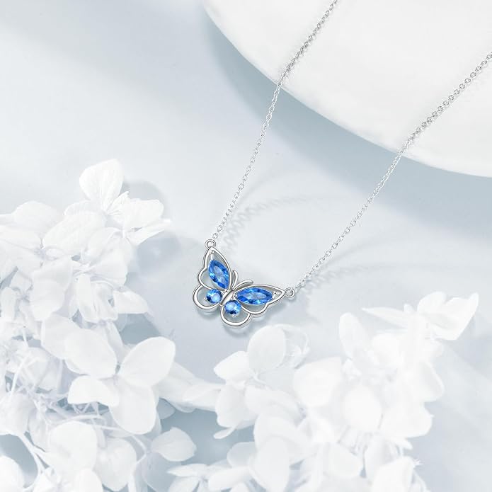 Butterfly Necklace for Women 925 Sterling Silver Crystal Butterfly Pendant Birthstone Amethyst Jewelry Gift