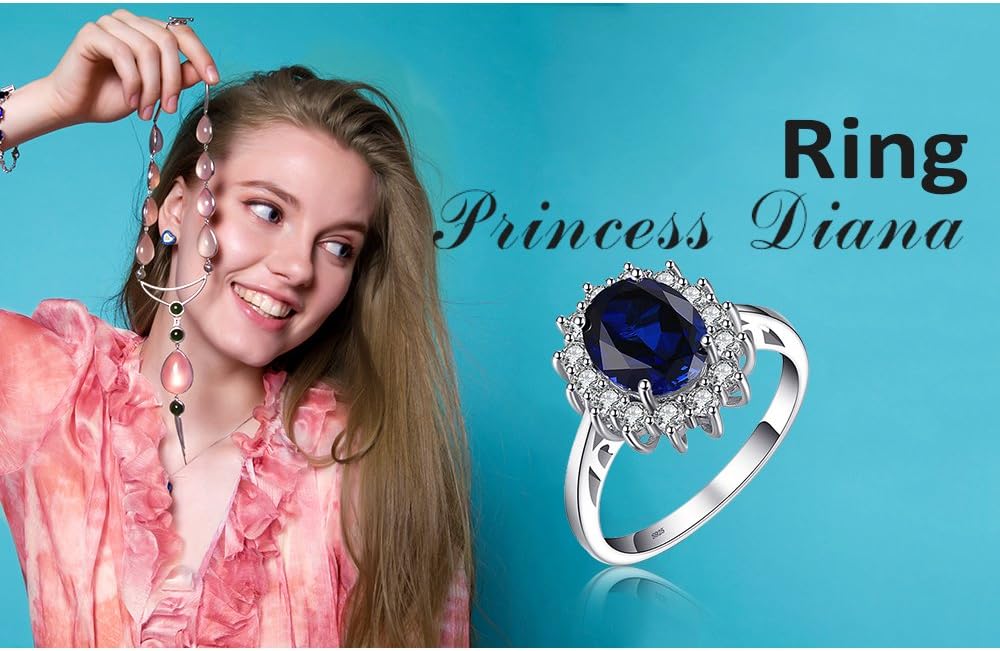 JewelryPalace Princess Diana Kate Middleton Class Gemstone Birthstone Sapphire Halo Engagement Rings for Women, Anniversary 14K White Yellow Rose Gold Plated 925 Sterling Silver Promise Rings for Her