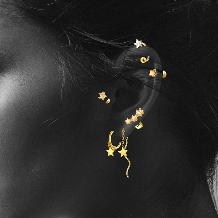 COSMO CARAT 14K Gold Plated Nap Earrings 925 Sterling Silver Star Moon CZ Stud Earrings Screw Back Hypoallergenic Celestial Tiny Cartilage Helix Second Piercing Earrings For Women
