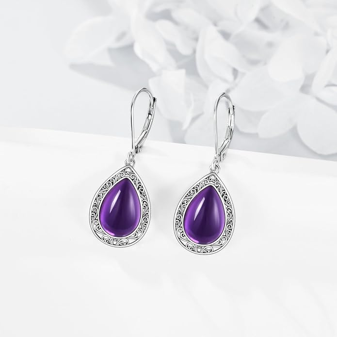 Moonstone/Lapis Lazuli/Peridot/Amethyst/Pink Teardrop Earrings for Women Sterling Silver Filigree Dangle Earrings Leverback Earrings Jewelry Gifts for Women