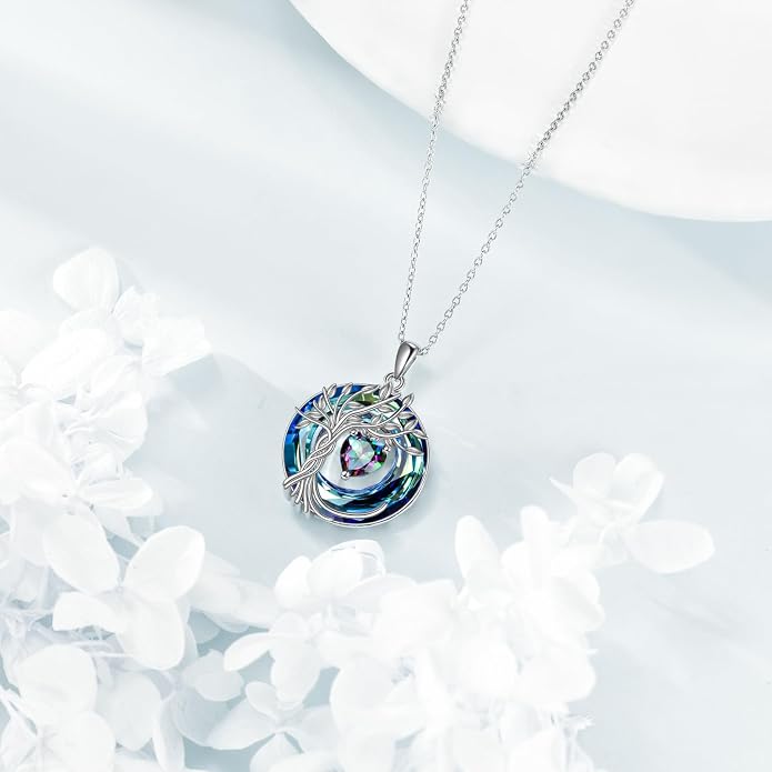 POPLYKE Mothers Day Gifts for Mom Her Wife Tree of Life Necklace 925 Sterling Silver Birthstone Pendant with Crystal Anniversary Birthday Wedding Jewelry for Women