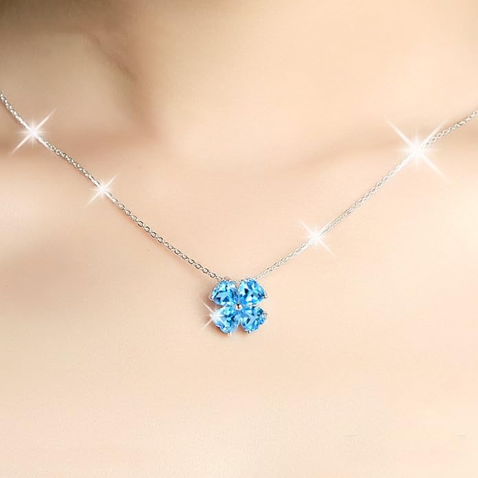 JIANGXIN Colorful Birthstone 925 Sterling Silver Handmade Pendant Necklace for Women Lucky Four Leaf Clover Plant Shamrock Jewelry Rhodium Plated