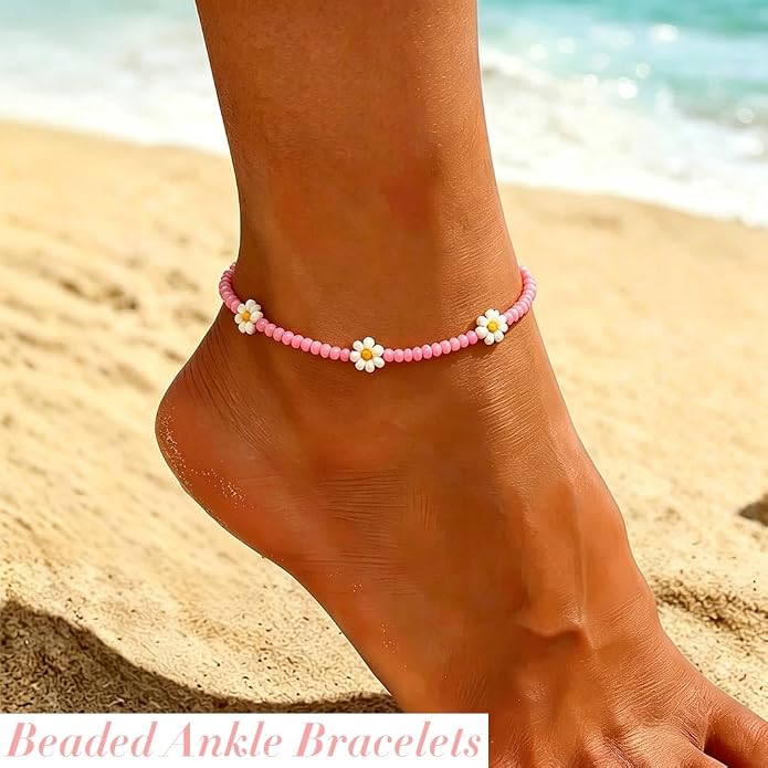 Beaded Chain Ankle Bracelets for Women Waterproof Sunflower Anklets Beachy Vacation Foot Jewelry Gifts