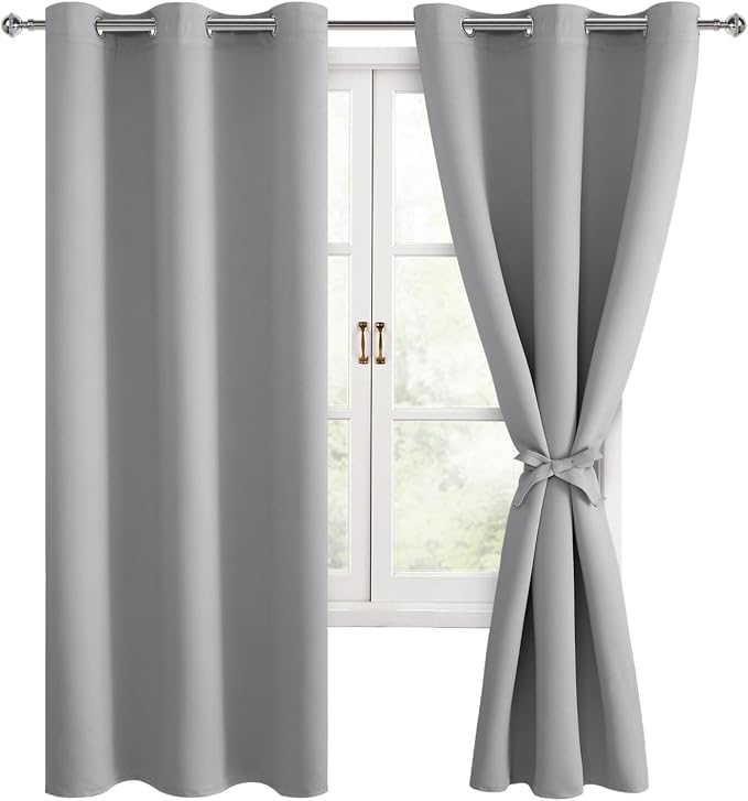 Hiasan Blackout Curtains for Bedroom and Living Room, Light Blocking, Noise Reducing Window Curtain Panels, Tiebacks Included, Set of 2, Grommet Top (Silver Grey, Width 38 Inch x Length 72 Inch)