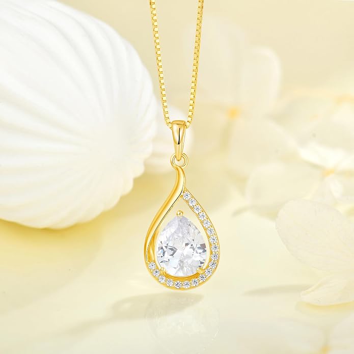 Teardrop Birthstone Necklace for Women 925 Sterling Silver White/Yellow Gold Plated Cubic Zirconia Pendant Necklace Jewelry for Her