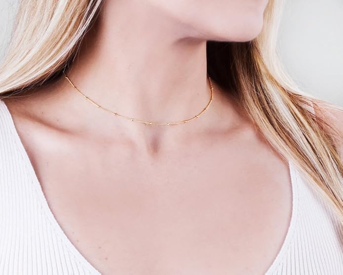 Satellite Bead Necklace - Gold Filled or Sterling Silver, Dainty Adjustable Choker Chain 15" - 17", Minimalist Everyday Stacking Jewelry