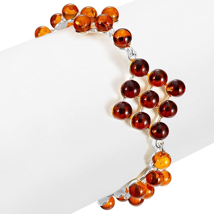 925 Sterling Silver Baltic Amber Bead Bracelet for Women — Adjustable 6.7–7.5 in, 5 mm Round Cognac Amber, Nickel-Free, Lobster Clasp