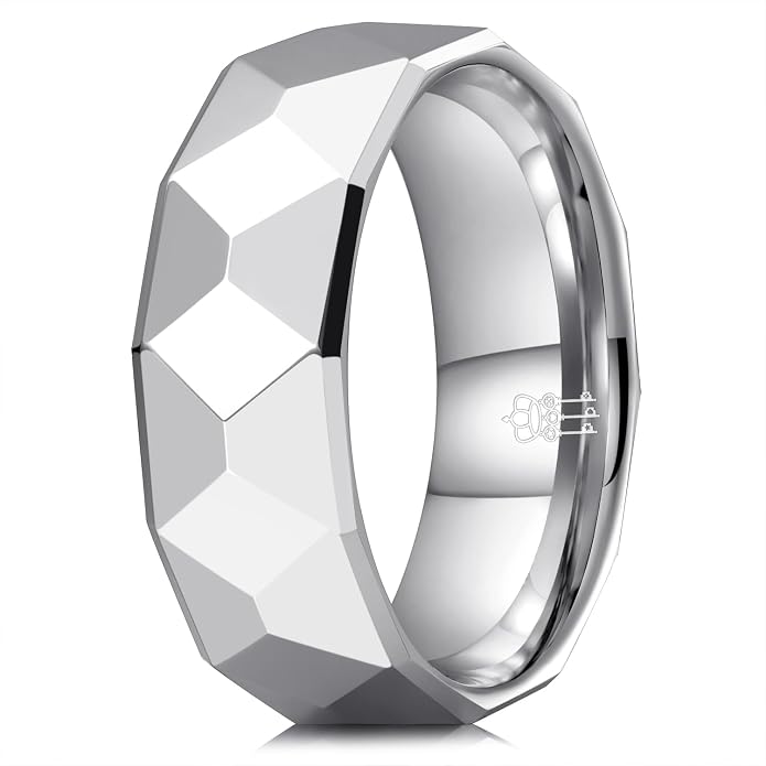 THREE KEYS JEWELRY 2mm 8mm Silver Tungsten Carbide Wedding Band for Men Women, Basic Hammered Multi-Faceted Polished Finish Stackable Engagement Ring Comfort Fit