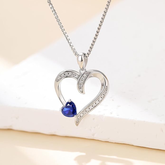 Love Heart Necklace for Women, 925 Sterling Silver Cubic Zirconia Birthstone Heart Pendant Jewelry Gift for Mom, Mother, Wife, Girlfriend on Birthday, Mother's Day, Chain 18 inch