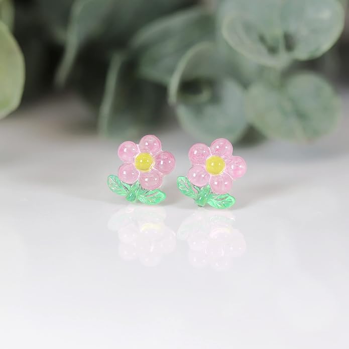 Metal Free Plastic Post Earrings Gift Set Pink Flower Bunny Purple Smiley Face Flower