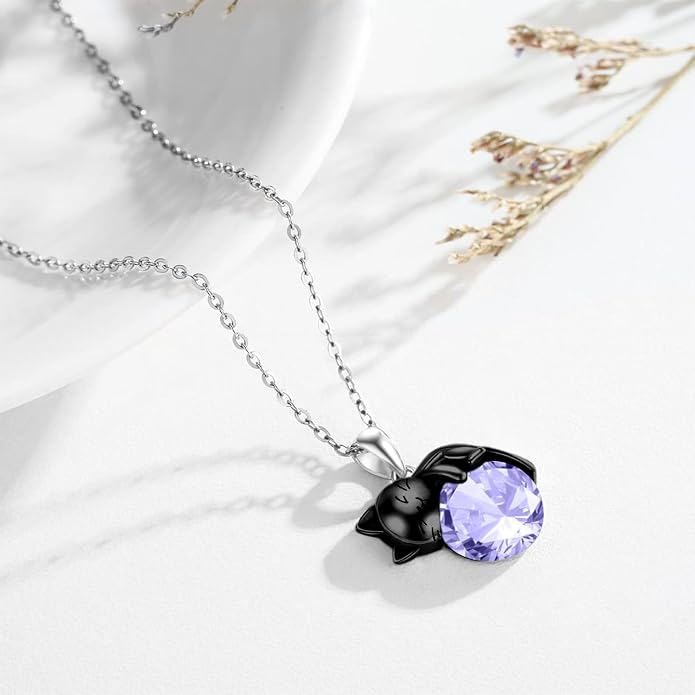 Cat Necklace Sterling Silver Cat Zircon Pendant Gothic Jewelry for Women Animal Lovers Gifts