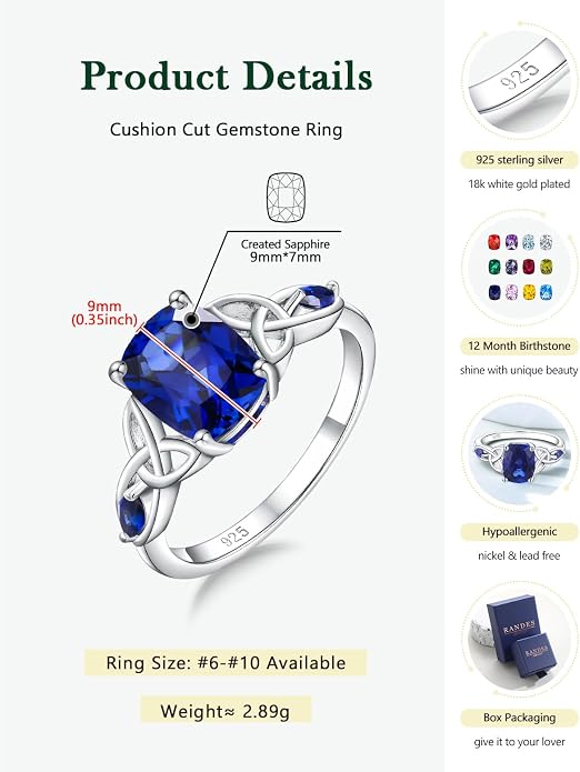 925 Sterling Silver Birthstone Rings for Women Cushion Cut Engagement Celtic Knot Ring Irish Jewelry Created Gemstone Anniversary Rings Size 6-10(with Box)