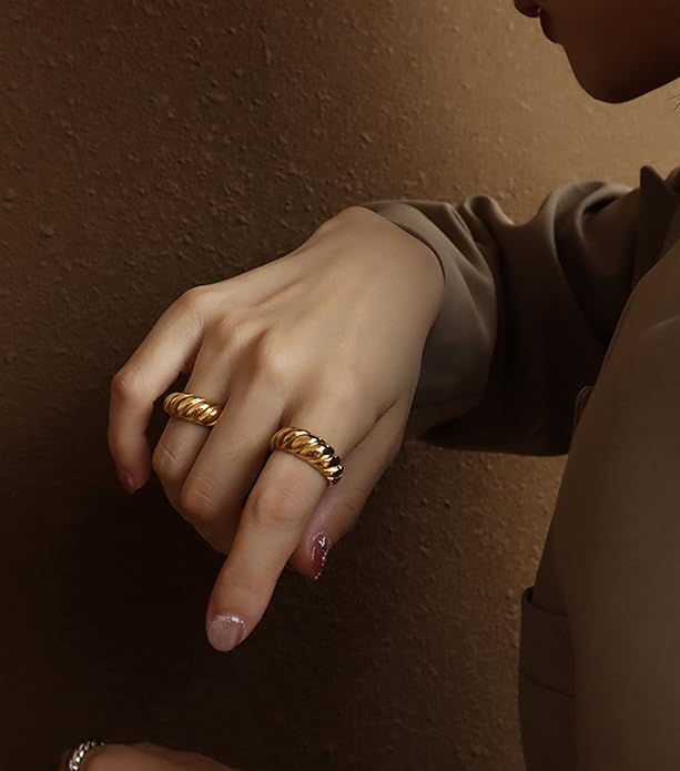 KOHOTA 6PCS Thick Dome Chunky Rings for Women 18K Gold Plated Braided Twisted Signet Ring Big Croissant Ring Minimalist Statement Ring Size 5-9