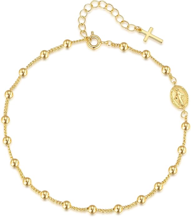 14K Gold Anklets for Women Gold Ankle Bracelets for Women Beads Accessory Chain Cross Anklets for Womens Virgin Mary Medallion and Delicate Cross Womens Ankle Bracelets Adjustable Length 9.4'' to 11''