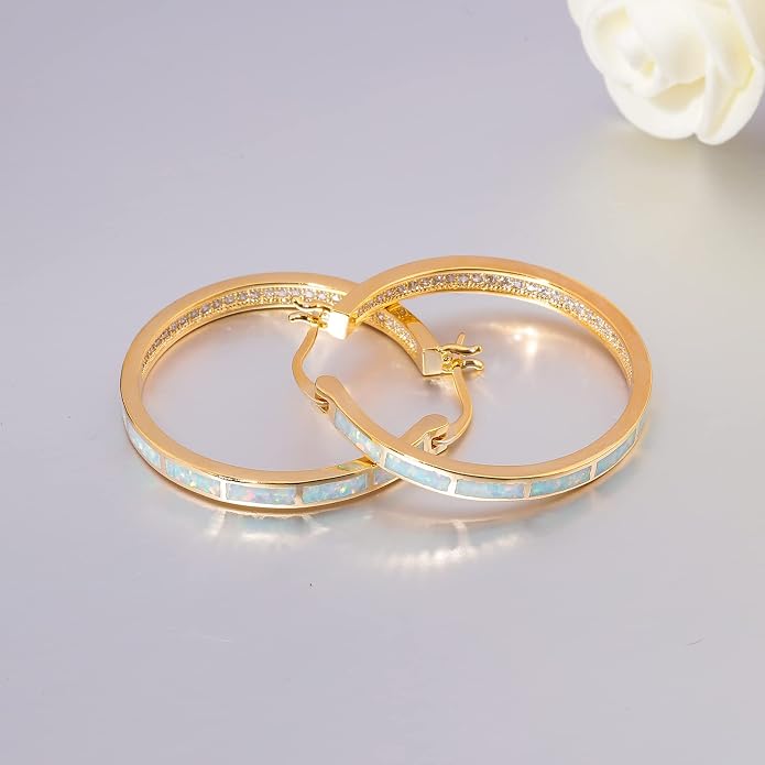 CiNily Opal Hoop Earrings,Women Jewelry Rhodium Plated/Rose Gold or Yellow Gold Plated Gemstone Big Hoop Earrings 32mm