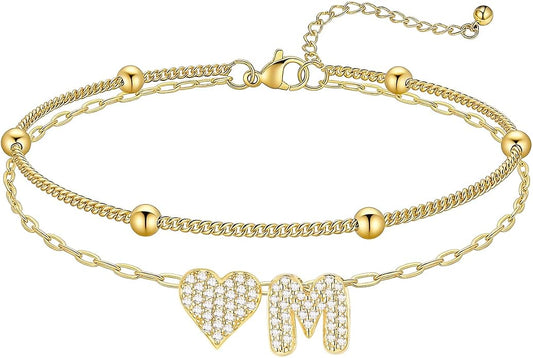 KeyStyle Initial Ankle Bracelets for Women, Stainless SteeL Heart Anklets – Waterproof Layered CZ Initial Anklets,Dainty Summer Foot Jewelry, Mom Birthday Surprises,Gold/Silver