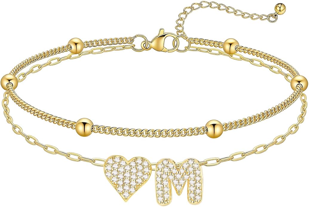 KeyStyle Initial Ankle Bracelets for Women, Stainless SteeL Heart Anklets – Waterproof Layered CZ Initial Anklets,Dainty Summer Foot Jewelry, Mom Birthday Surprises,Gold/Silver