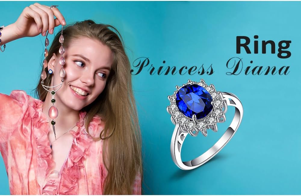 JewelryPalace Princess Diana Kate Middleton Class Gemstone Birthstone Sapphire Halo Engagement Rings for Women, Anniversary 14K White Yellow Rose Gold Plated 925 Sterling Silver Promise Rings for Her