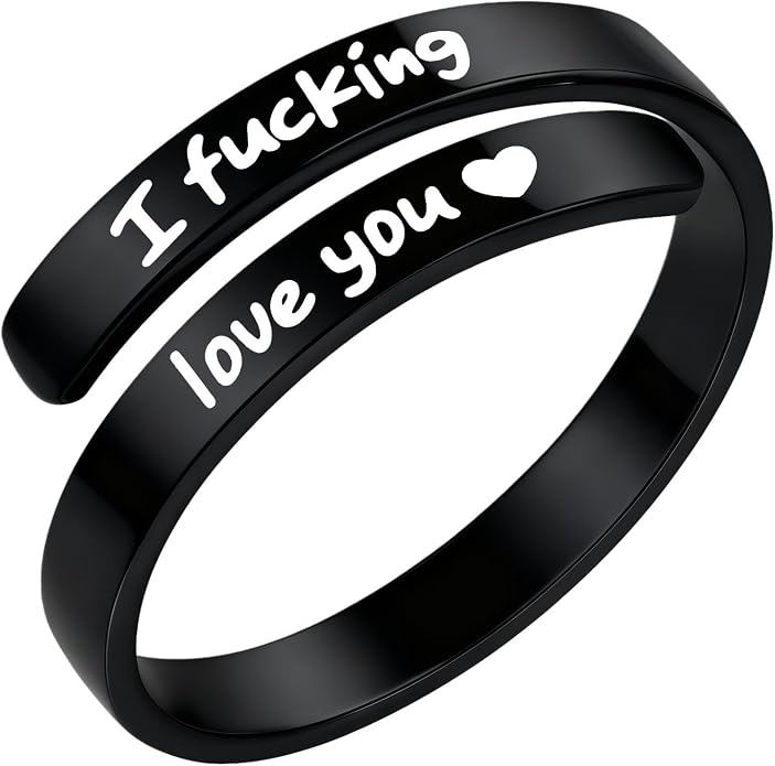 I Fcking Love You Ring, Stainless Steel Engraved Inspirational Words Heart Open Adults Women Vintage Promise Rings Lover Wife Jewelry