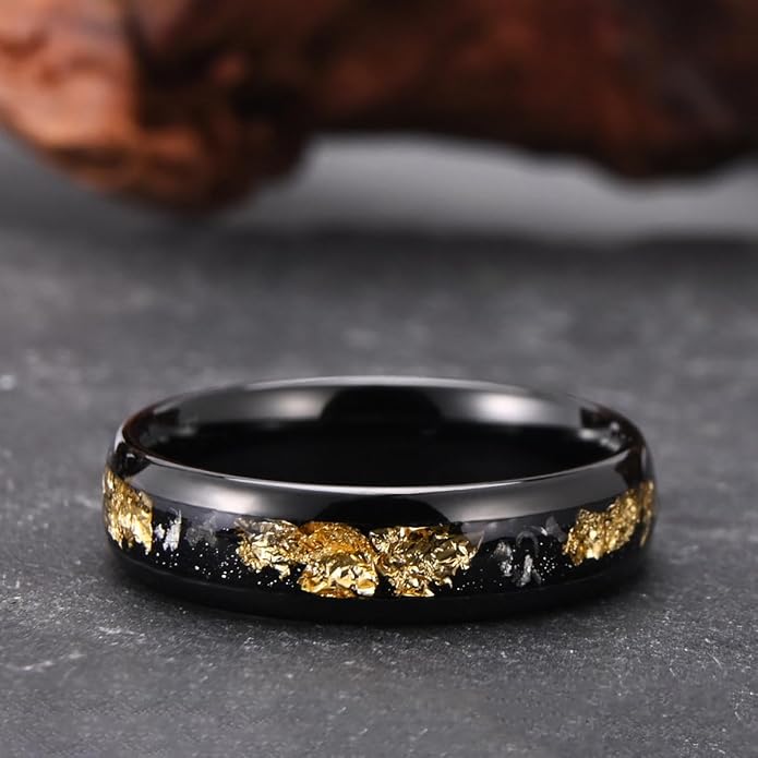 Black Tungsten Carbide Rings for Men Women 8mm/6mm Men's Wedding bands Inlaid with Gold Foil Meteorite Fragments, High Polishing and Comfortable fit
