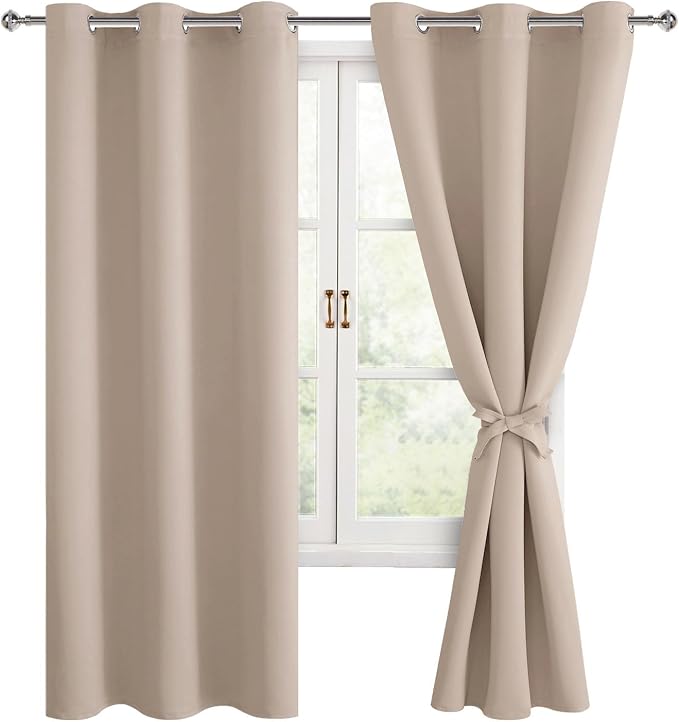 Hiasan Blackout Curtains for Bedroom, 42 x 63 Inches Length - Thermal Insulated & Light Blocking Window Curtains for Living Room/Kids Room, 2 Drape Panels Sewn with Tiebacks, Camel