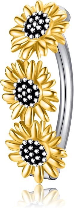 Sunflower Daisy Belly Button Ring Dangle Hoop 925 Sterling Silver Hypoallergenic Belly Button Piercing Body Navel Rings Sexy Belly Button Jewelry Gifts for Women (14G)