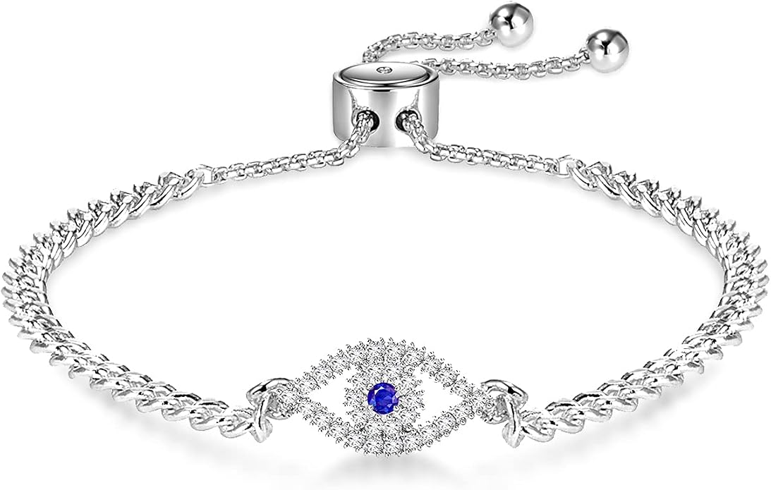 Apsvo Evil Eye Bracelet, Sideway Cross Bracelet, Silver 14K Gold Plated Bracelet for Women Adjustable Slide Chain Jewelry