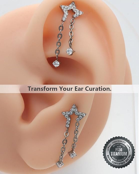 16G ASTM F136 Titanium Flat Back Cartilage Piercing for Helix Labret Stud Internally Threaded Star Double Chain Dangle Earring