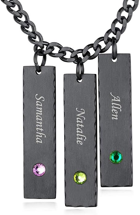 Custom4U Personalized Birthstone Bar Necklaces for Women, Custom Handmade Silver/Black/Gold Vertical Bar Pendants with 1-3 Names Engraved,Unique Memorial Necklace for Her