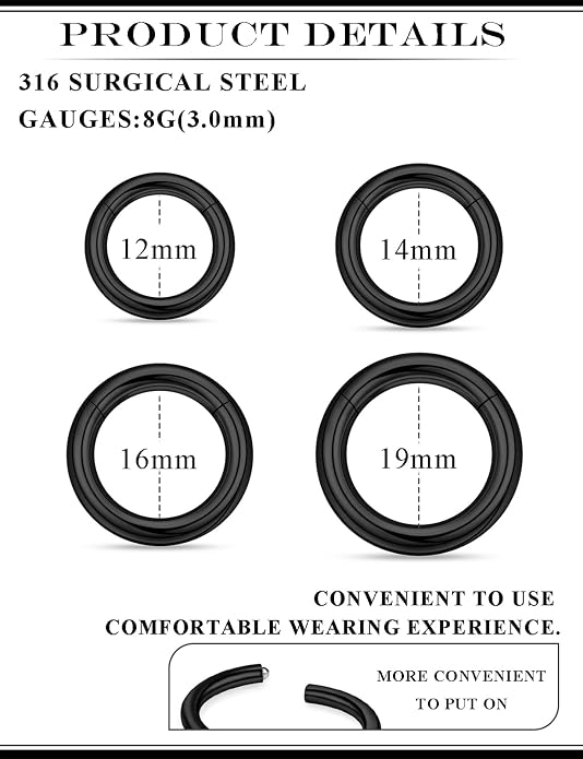 20G 18G 16G 14G 12G 10G 8G 6G Nose Rings Hoops 316l Surgical Steel Clicker Septum Lip Ring Tragus Helix Daith Rook Conch Snug Cartilage Lobe Earrings Hoop Piercing Jewelry For Women Men
