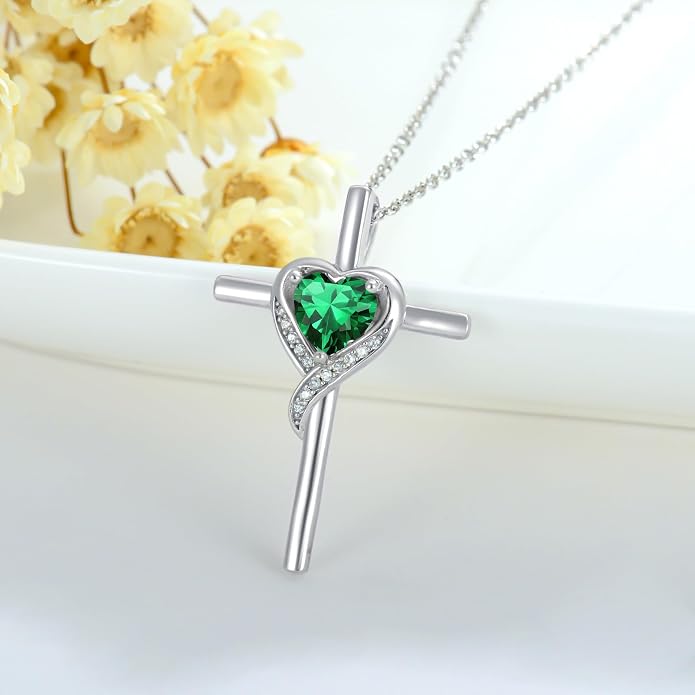 TOUPOP Birthstone Cross Necklace for Women 925 Sterling Silver Heart Cross Pendant Necklace Mothers Day Birthday Jewelry Gifts for Mom Wife Her
