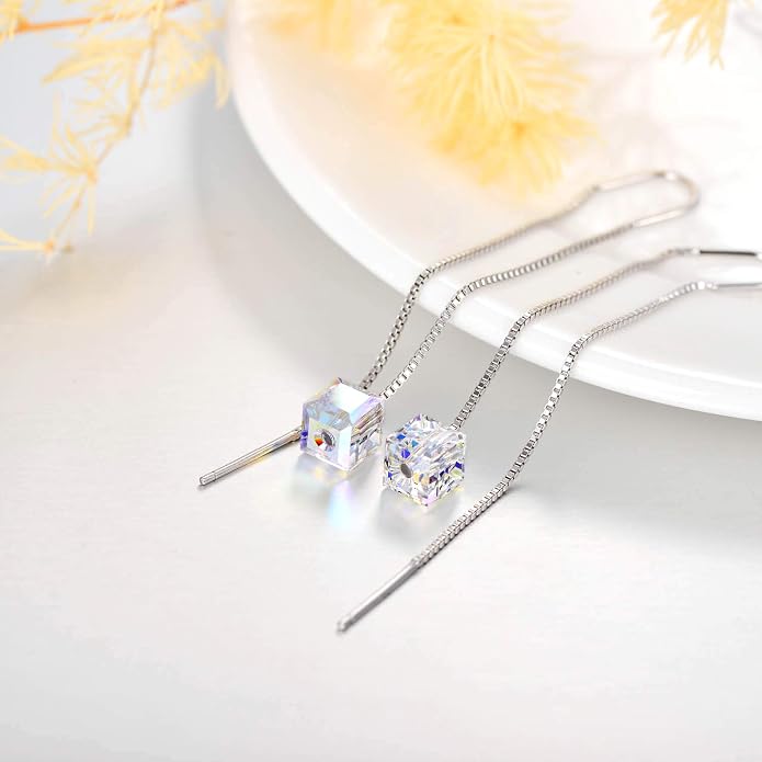 AOBOCO Heart/Butterfly/Cube Threader Dangle Drop Earrings - 925 Sterling Silver Long Chain Earring for Women Baroque Hook Drop Earrings Crystals from Austria