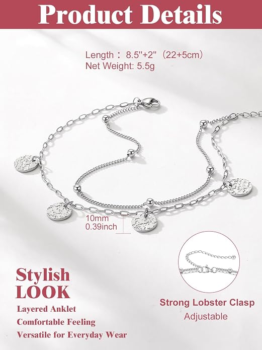 FOCALOOK 14K Gold Plated Anklets for Women Waterproof Plus Size Ankle Bracelet 8.5-10.5 Inch Adjustable Mariner/Figaro/Flat Snake/Cuban Link Chain Anklet Jewelry for Summer Beach Holiday