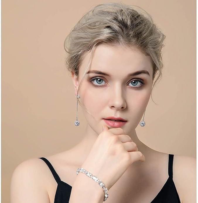 Crystal Linear Drop Earrings - Womens Sterling Silver Round Cubic Zirconia CZ Diamond Rhinestone Long Chain Dangle Earrings Bridal Drop Earrings for Wedding Bride Bridesmaids