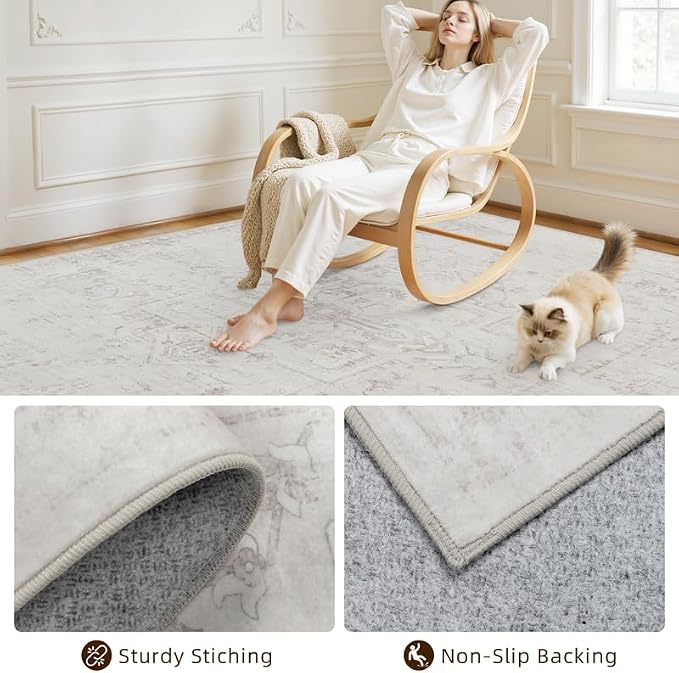 8x10 Area Rugs for Living Room: Vintage Boho Neutral Washable Rug Indoor Soft Large Area Rug Carpet for Bedroom Nursery Farmhouse Dining Room Office Floor Non-Slip Low Pile Under Table Neutral Cream