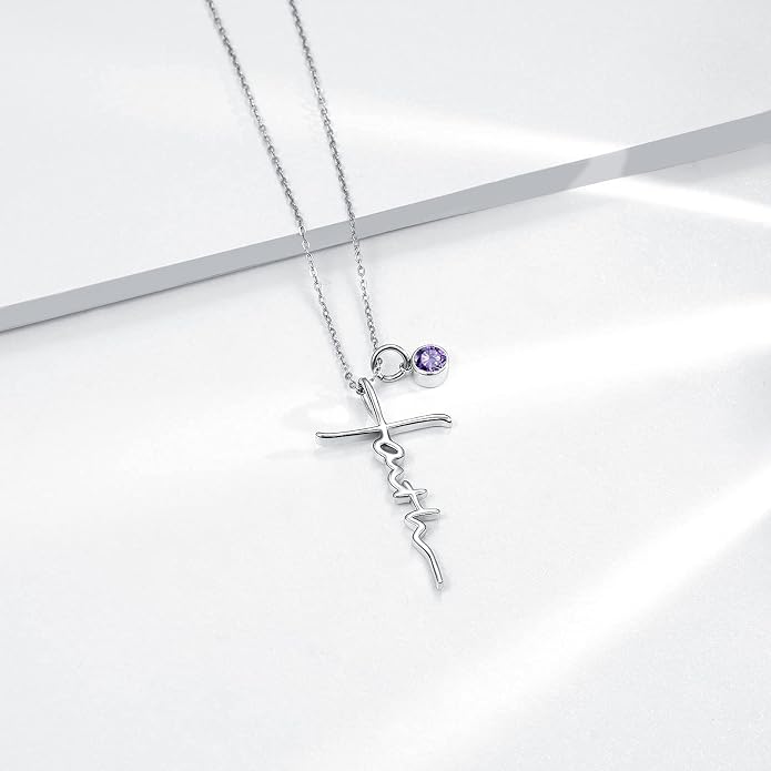 PRAYMOS Faith Cross Necklace for Women 925 Sterling Silver Pendant Necklace With Birthstone Initial Christian Religious Confirmation Baptism Mothers Day Gifts