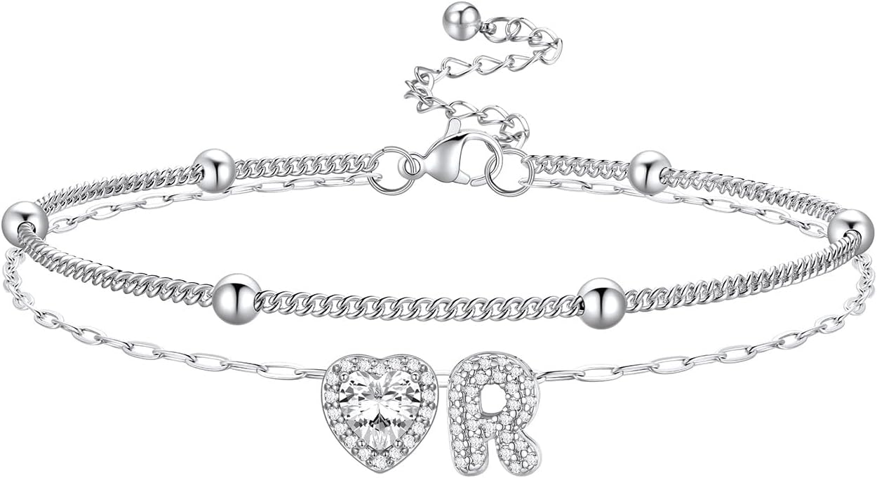 Bestyle Initial Anklet Bracelets for Women Waterproof Non Tarnish 14K Gold/White Gold Plated CZ Anklets for Women Dainty Layered Letter Heart Ankle Bracelets Adjustable Foot Chain Anklet