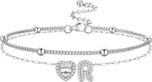 Bestyle Initial Anklet Bracelets for Women Waterproof Non Tarnish 14K Gold/White Gold Plated CZ Anklets for Women Dainty Layered Letter Heart Ankle Bracelets Adjustable Foot Chain Anklet