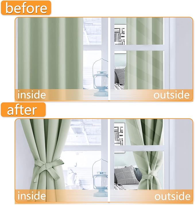 Hiasan Blackout Curtains for Bedroom, 52 x 54 Inches Long - Thermal Insulated & Light Blocking Window Curtains for Living Room/Kids Room, 2 Drape Panels Sewn with Tiebacks, Seafoam Green