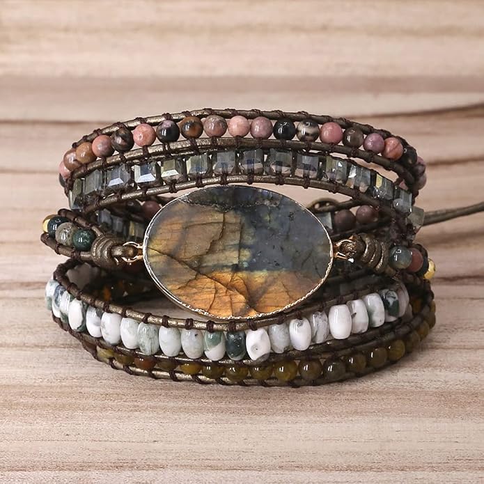 Women Wrap Bracelet Boho Natural Jasper Crystal Stone Beads Strand Bracelets