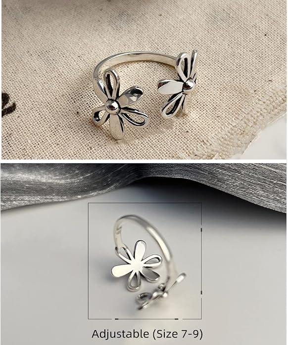 Dtja Daisy Flower 925 Sterling Silver Adjustable Open Ring for Women Girls Hypoallergenic Expandable Wedding Statement Finger Rings Comfort Fit Dainty Engagement Birthday Mother's Jewelry Gift