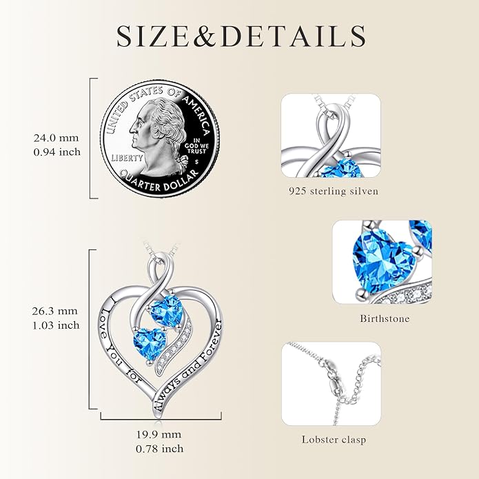Hancock Forever Love Heart Birthstone Necklaces for Women 925 Sterling Silver Women Pendant Necklace, Mother’s Day Birthday Anniversary Jewelry Gift for Woman Mother Mom Wife Her