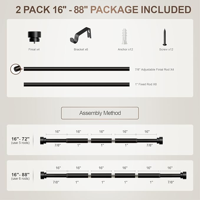 Lootkell Modern Black Curtain Rods Set, 48-84 Inches Adjustable, Heavy Duty 1 Inch Diameter, Decorative Finials, 2 Pack, for Windows, Outdoor, Farmhouse, Bedroom, Kitchen, Living Room